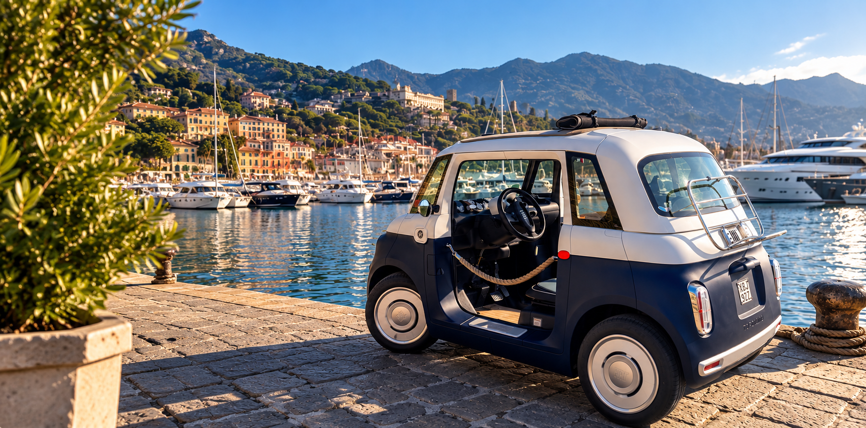 Navy and cream Fiat Topolino Vilebrequin overlooking a Mediterranean marina