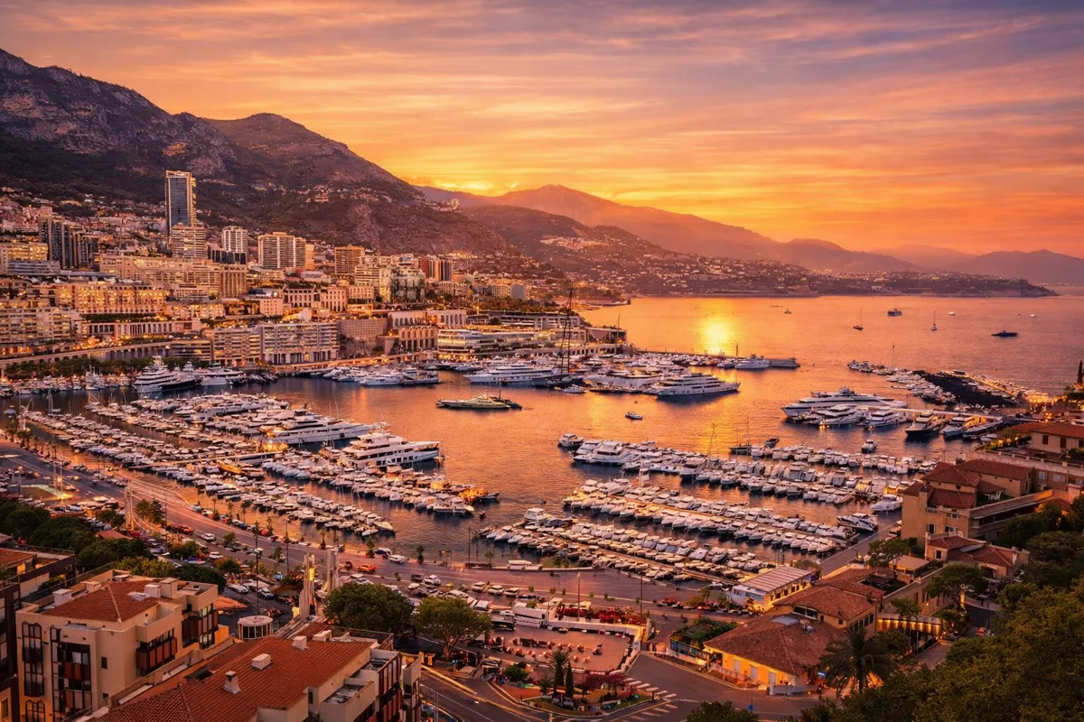 Port Hercule in Monaco at sunset, filled with yachts