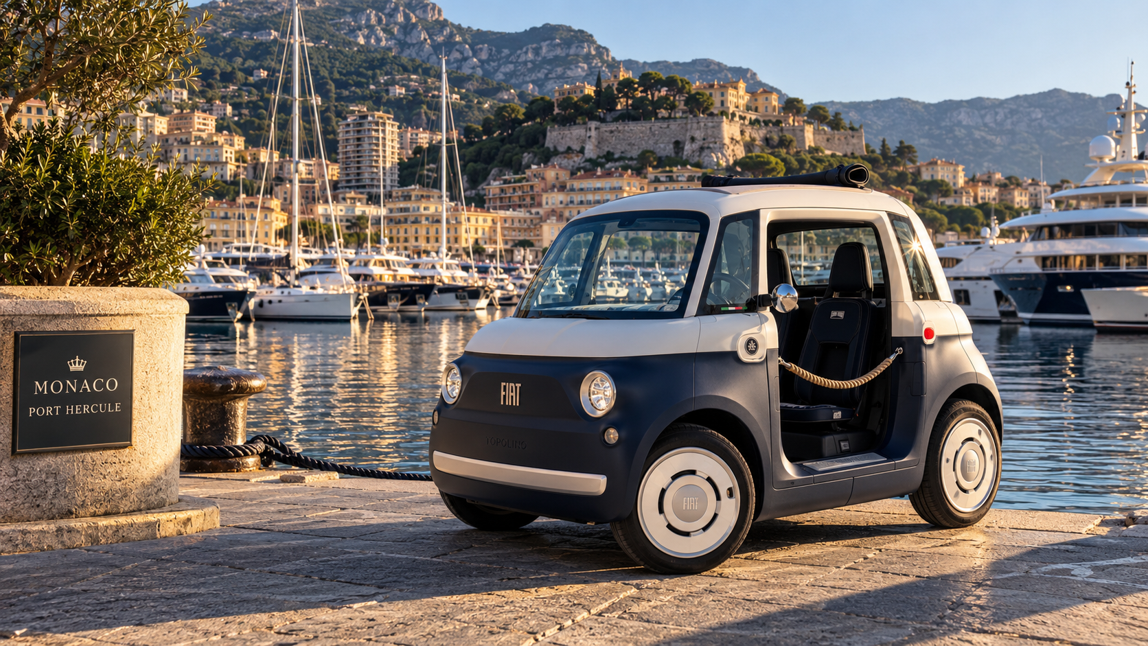 Navy and ivory Fiat Topolino by Riviera Drive at Monaco Port Hercule with yachts and the Rock