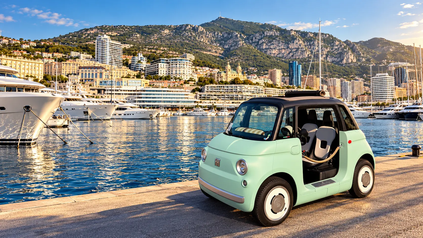 Mint-green Fiat Topolino parked on the quayside of Monaco harbour, with yachts and Monte-Carlo behind